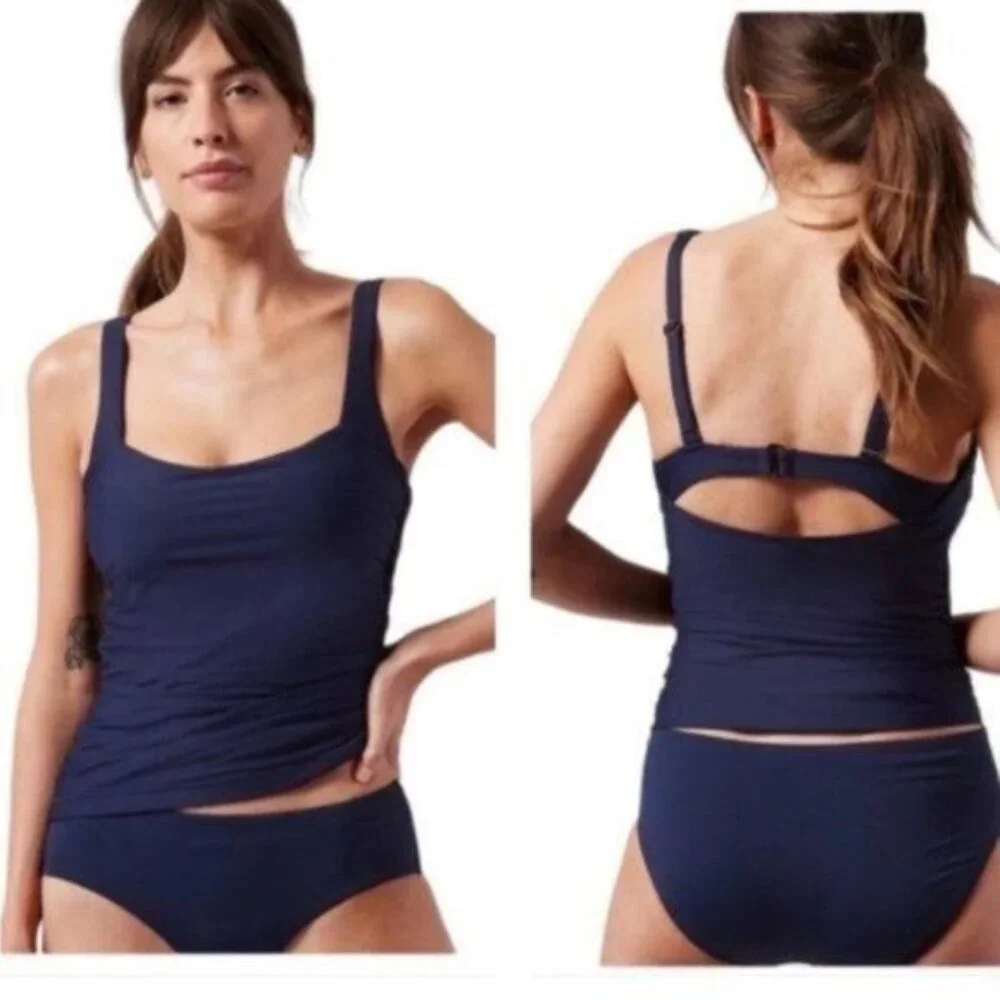 Athleta Square Neck Bra Cup Swim Tankini Top UPF +50 Beach Blue 32 D/DD New
